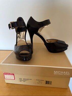Michael Kors Black Glazed Leather Peep-Toe Platform Heels with Ankle Strap